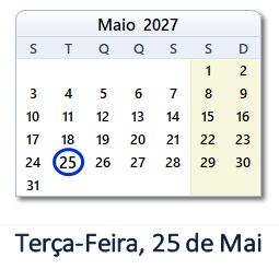 25 Maio 2027 calendario