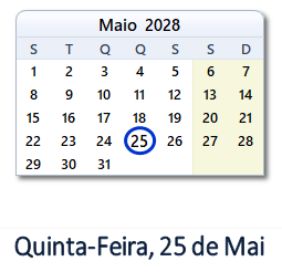 25 Maio 2028 calendario