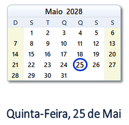 25 Maio 2028 calendario