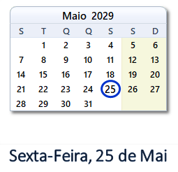 25 Maio 2029 calendario