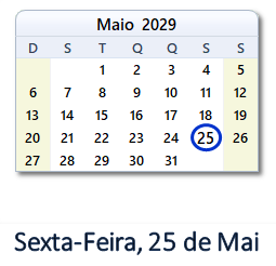 25 Maio 2029 calendario