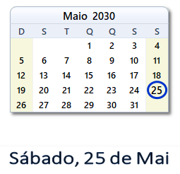25 Maio 2030 calendario