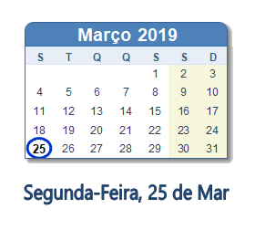 25 Março 2019 calendario