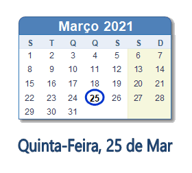 25 Março 2021 calendario