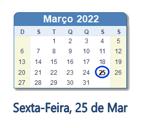 25 Março 2022 calendario