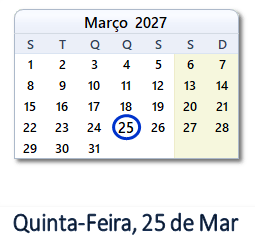 25 Março 2027 calendario