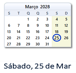 25 Março 2028 calendario