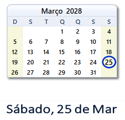 25 Março 2028 calendario