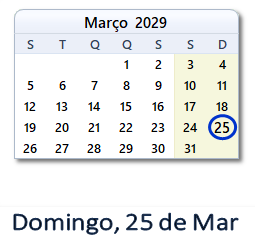 25 Março 2029 calendario