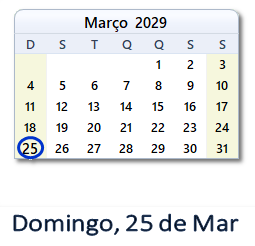 25 Março 2029 calendario