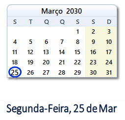 25 Março 2030 calendario