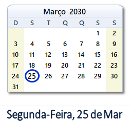 25 Março 2030 calendario
