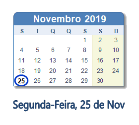 25 Novembro 2019 calendario