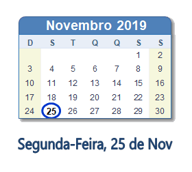 25 Novembro 2019 calendario