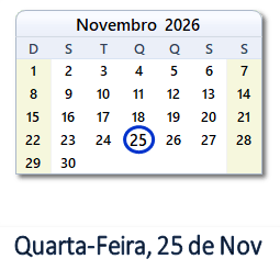 25 Novembro 2026 calendario