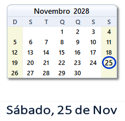 25 Novembro 2028 calendario