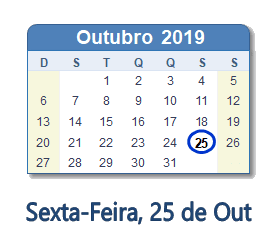 25 Outubro 2019 calendario