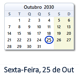 25 Outubro 2030 calendario