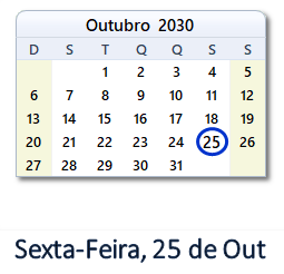 25 Outubro 2030 calendario