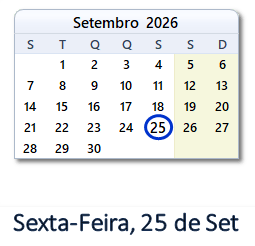 25 Setembro 2026 calendario