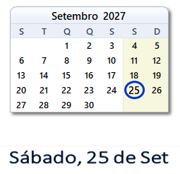25 Setembro 2027 calendario