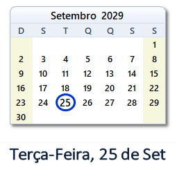 25 Setembro 2029 calendario