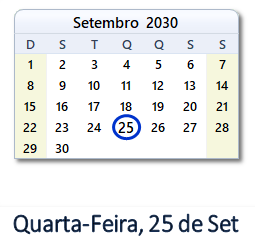25 Setembro 2030 calendario