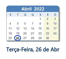 26 Abril 2022 calendario