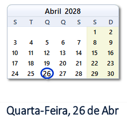 26 Abril 2028 calendario