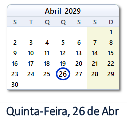 26 Abril 2029 calendario