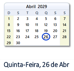 26 Abril 2029 calendario
