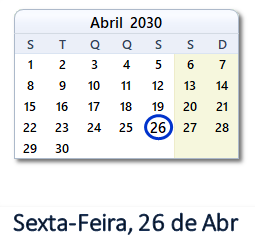 26 Abril 2030 calendario