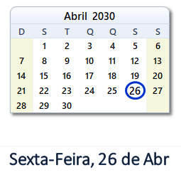 26 Abril 2030 calendario