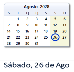 26 Agosto 2028 calendario