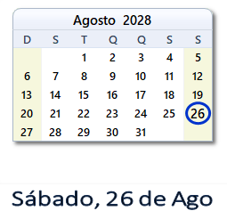 26 Agosto 2028 calendario