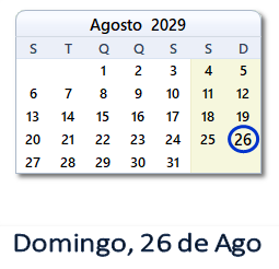 26 Agosto 2029 calendario