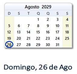 26 Agosto 2029 calendario