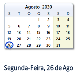 26 Agosto 2030 calendario