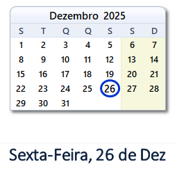 26 Dezembro 2025 calendario