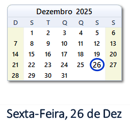 26 Dezembro 2025 calendario