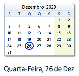 26 Dezembro 2029 calendario