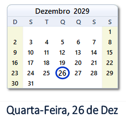26 Dezembro 2029 calendario