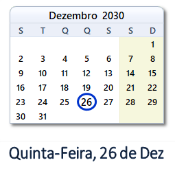 26 Dezembro 2030 calendario