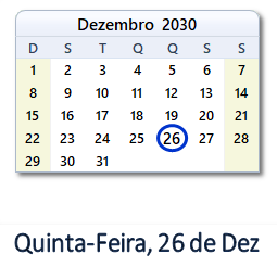26 Dezembro 2030 calendario