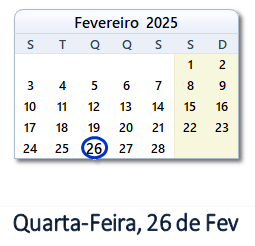 26 Fevereiro 2025 calendario