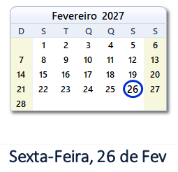 26 Fevereiro 2027 calendario