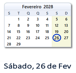 26 Fevereiro 2028 calendario
