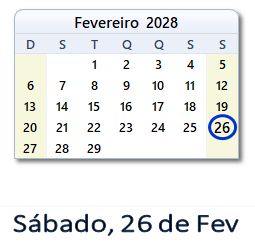 26 Fevereiro 2028 calendario