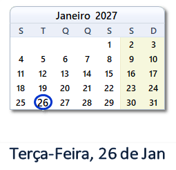 26 Janeiro 2027 calendario