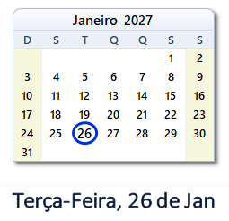 26 Janeiro 2027 calendario